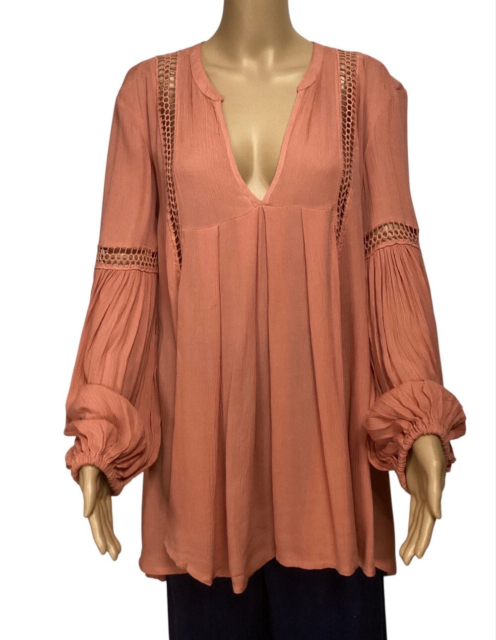 Free People Coral Deep V-Neck Ladder Crochet Tunic Mini Dress Oversized SP